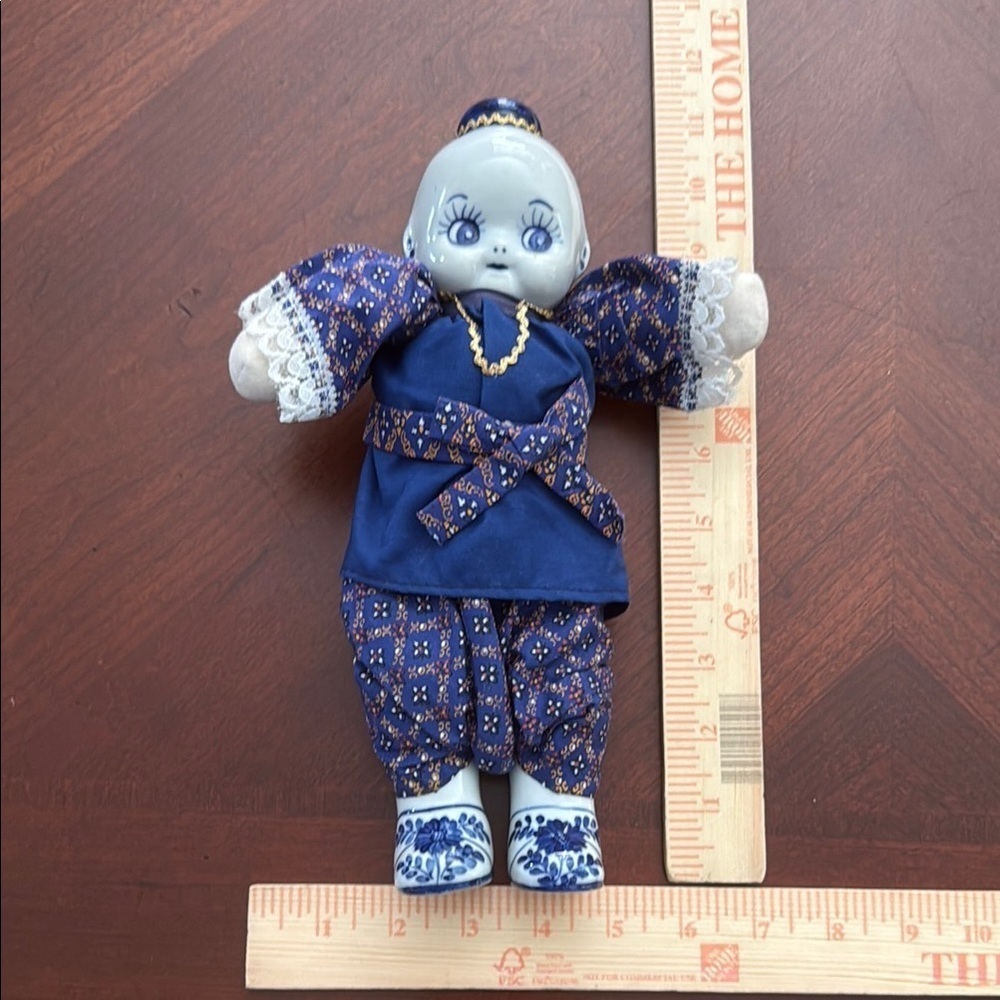 Rare Blue china kewpie Delft Porcelain Doll with Intricate Patterns - Picture 3 of 8